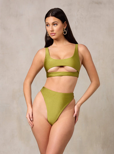 MBM Swim By Marcia B Maxwell model wearing Olive Green bikini Lucky top and Wish bottom #color_olive
