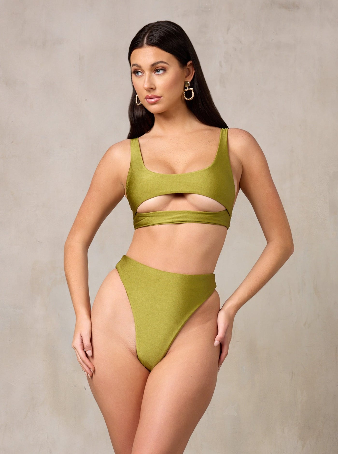 MBM Swim by Marcia B Maxwell curve midsize model wearing Olive green Bikini Lucky top, Wish bottoms #color_olive