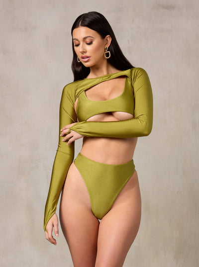 MBM Swim by Marcia B Maxwell model wearing Olive Green Bikini Lucky top, Wish bottoms & Trigger Shrug #color_olive