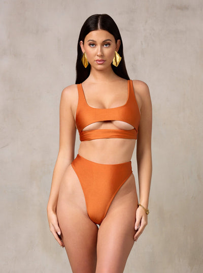 MBM Swim By Marcia B Maxwell model wearing burnt orange rust color bikini Chance top and Wish bottom #color_burnt-orange