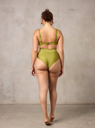 MBM Swim By Marcia B Maxwell model wearing Olive Green bikini Chance top and Aspire bottom #color_olive