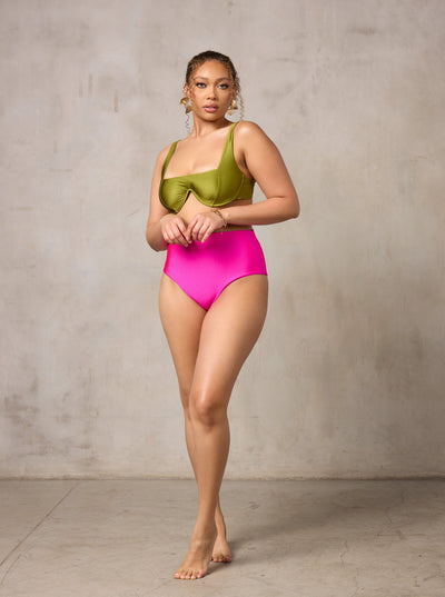 MBM Swim By Marcia B Maxwell model wearing Olive Green bikini Chance top and Wish bottom #color_olive
