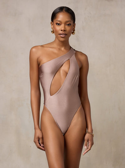 MBM Swim by Marcia B Maxwell one-piece one shoulder Taupe tan swimsuit #color_taupe