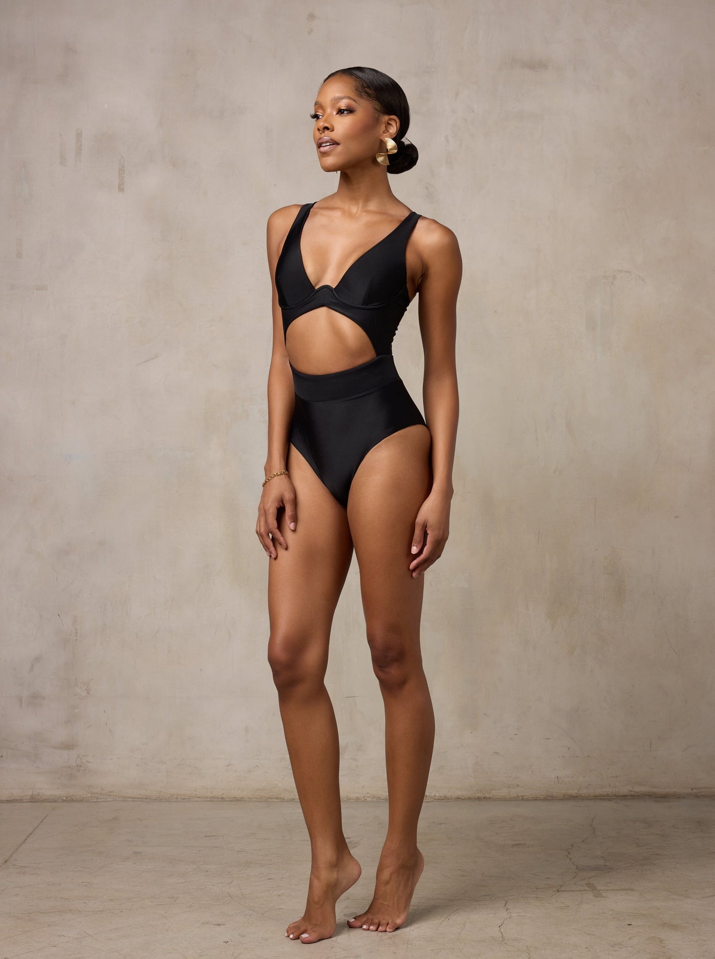 MBM swim by Marcia B Maxwell Piece Black one-piece monokini swimsuit on black model #color_black