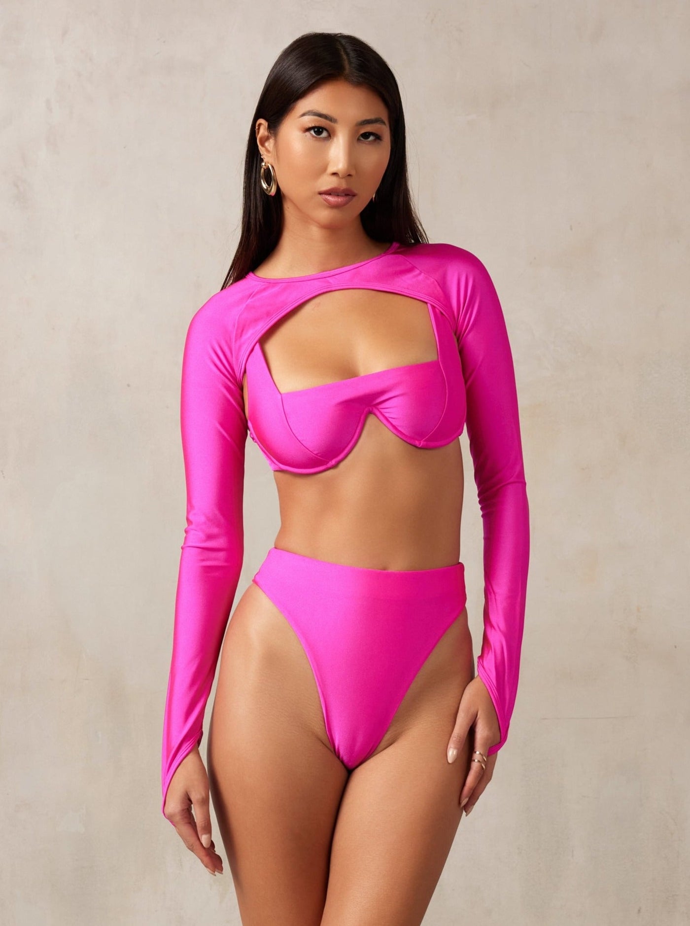 MBM Swim by Marcia B Maxwell model wearing Pink magenta Bikini Chance top, Wish bottoms & Trigger Shrug #color_magenta
