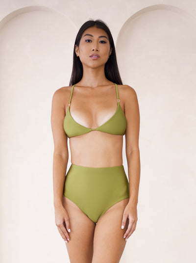 MBM Swim by Marcia B Maxwell model wearing Olive Green Bikini Charm top and Destiny bottoms #color_olive