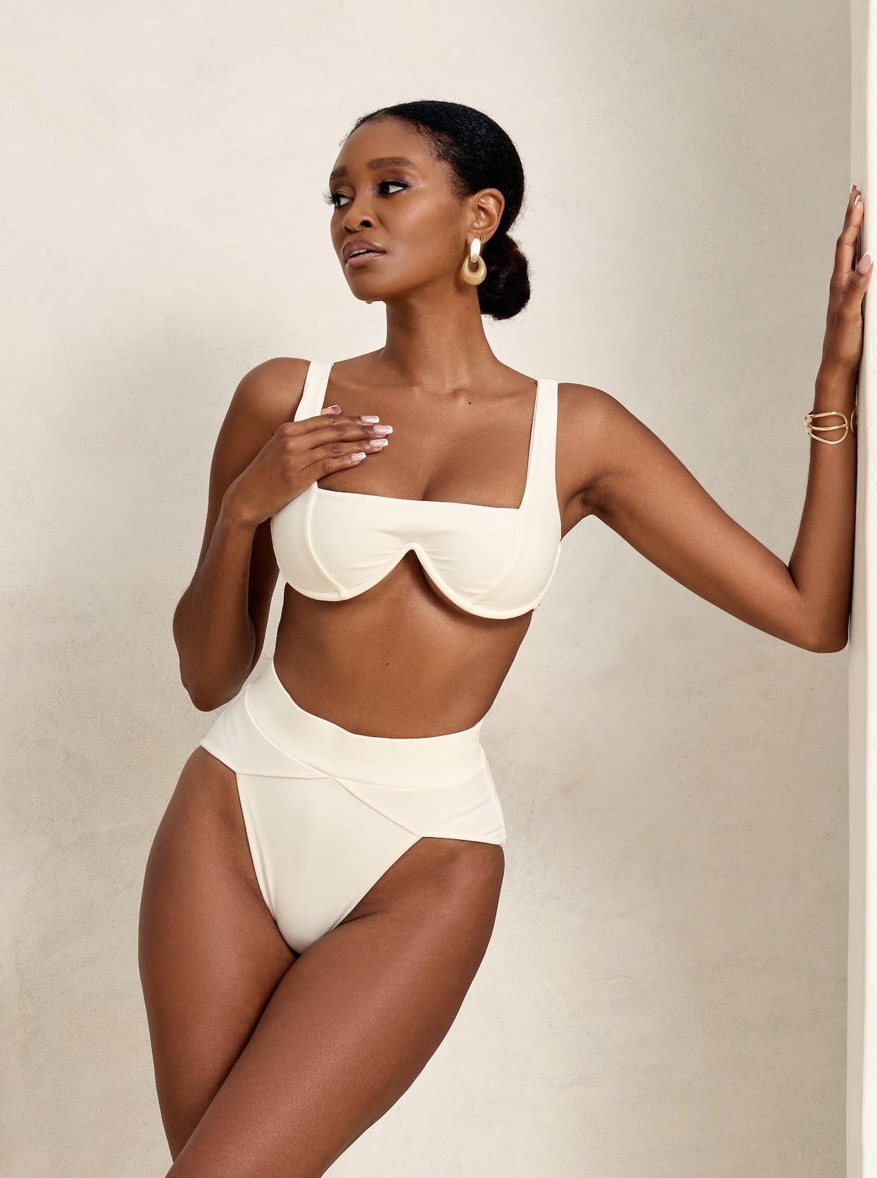 MBM Swim By Marcia B Maxwell model wearing cream white ivory bikini Chance top and Aspire bottom #color_cream
