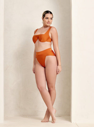 MBM Swim By Marcia B Maxwell model wearing burnt orange bikini Chance top and Aspire bottom #color_burnt-orange