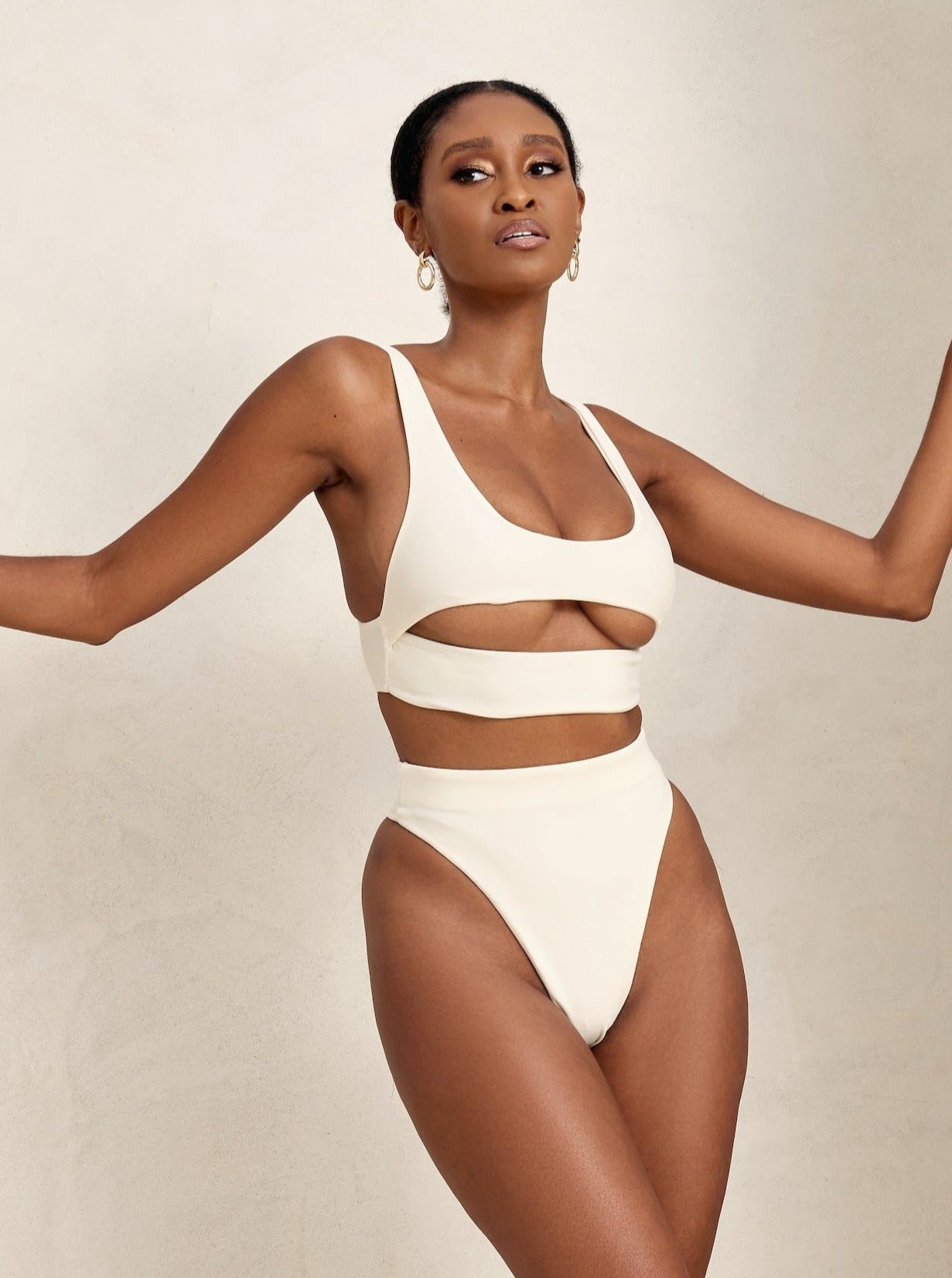 MBM Swim By Marcia B Maxwell model wearing cream white ivory color bikini Chance top and Wish bottom #color_cream