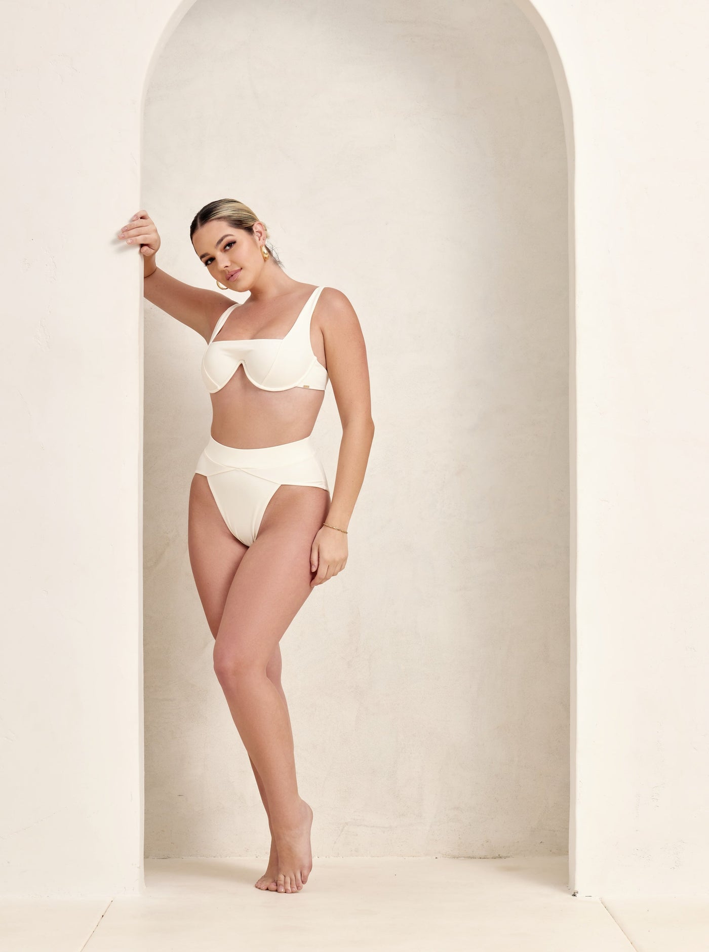 MBM Swim By Marcia B Maxwell model wearing cream white bikini Chance top and Aspire bottom #color_cream