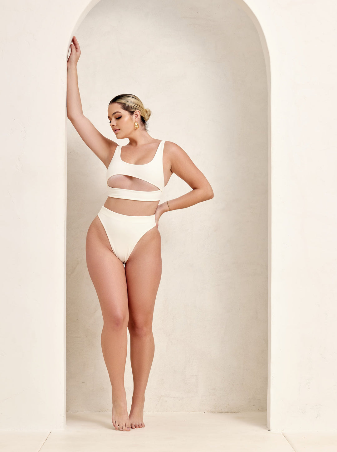 MBM Swim By Marcia B Maxwell model wearing cream white ivory color bikini Chance top and Wish bottom #color_cream