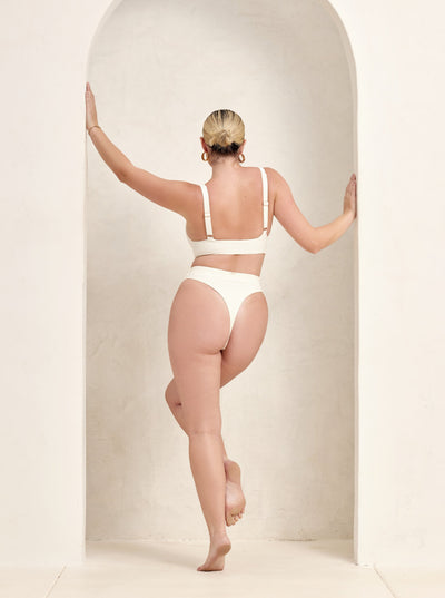 MBM Swim By Marcia B Maxwell model wearing cream white ivory color bikini Chance top and Wish bottom #color_cream
