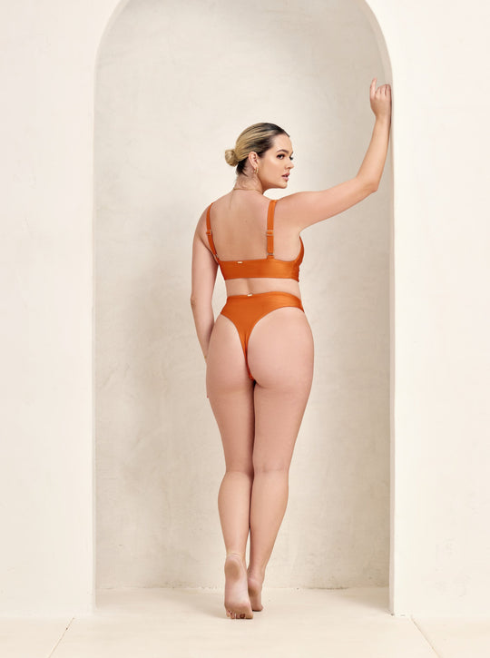 MBM Swim By Marcia B Maxwell model wearing burnt orange rust color bikini Chance top and Wish bottom  #color_burnt-orange