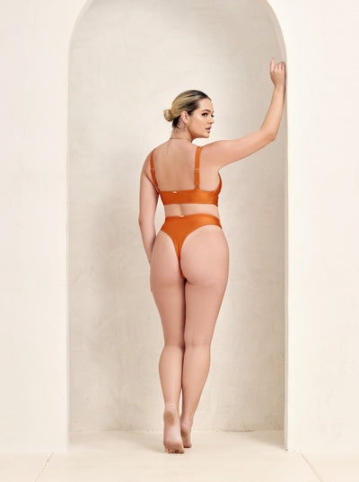MBM Swim By Marcia B Maxwell model wearing burnt orange rust color bikini Chance top and Wish bottom  #color_burnt-orange