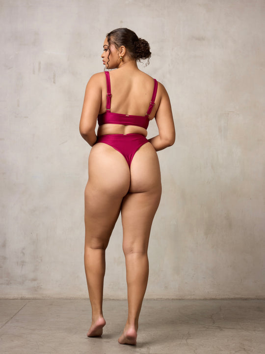 MBM Swim By Marcia B Maxwell model wearing Burgundy  berry bikini Chance top and Wish bottom #color_berry