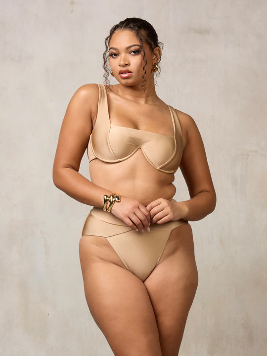 MBM Swim By Marcia B Maxwell model wearing beige tan bikini Chance top and Aspire bottom #color_sand