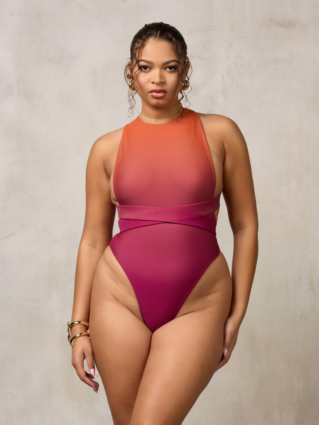 MBM swim by Marcia B Maxwell ombre Ethos One-piece swimsuit on model #color_orange-ombre