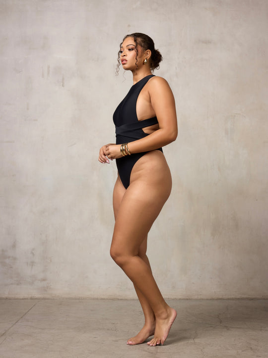 MBM swim by Marcia B Maxwell Black Ethos One-piece swimsuit on model #color_black