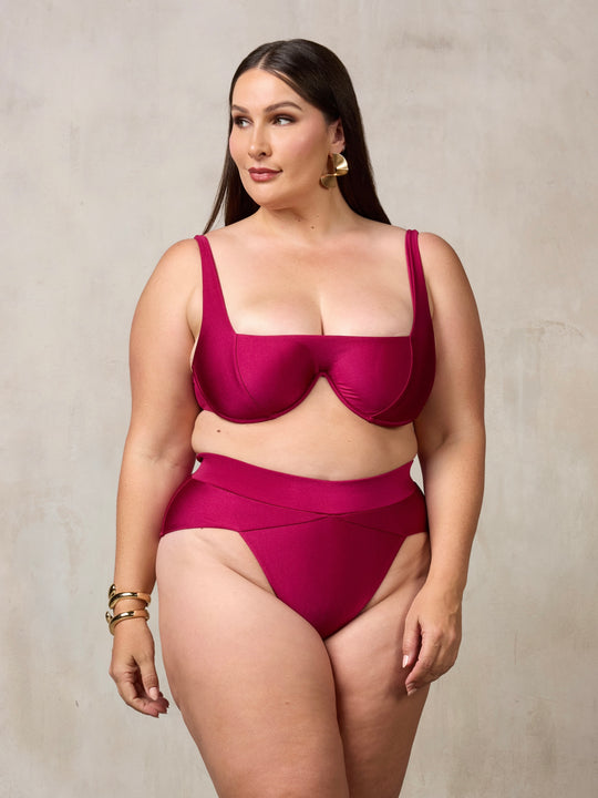 MBM Swim By Marcia B Maxwell model wearing burgundy berry bikini Chance top and Aspire bottom #color_berry