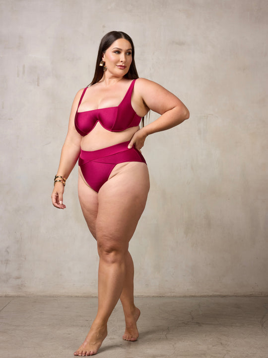 MBM Swim By Marcia B Maxwell model wearing burgundy berry bikini Chance top and Aspire bottom #color_berry