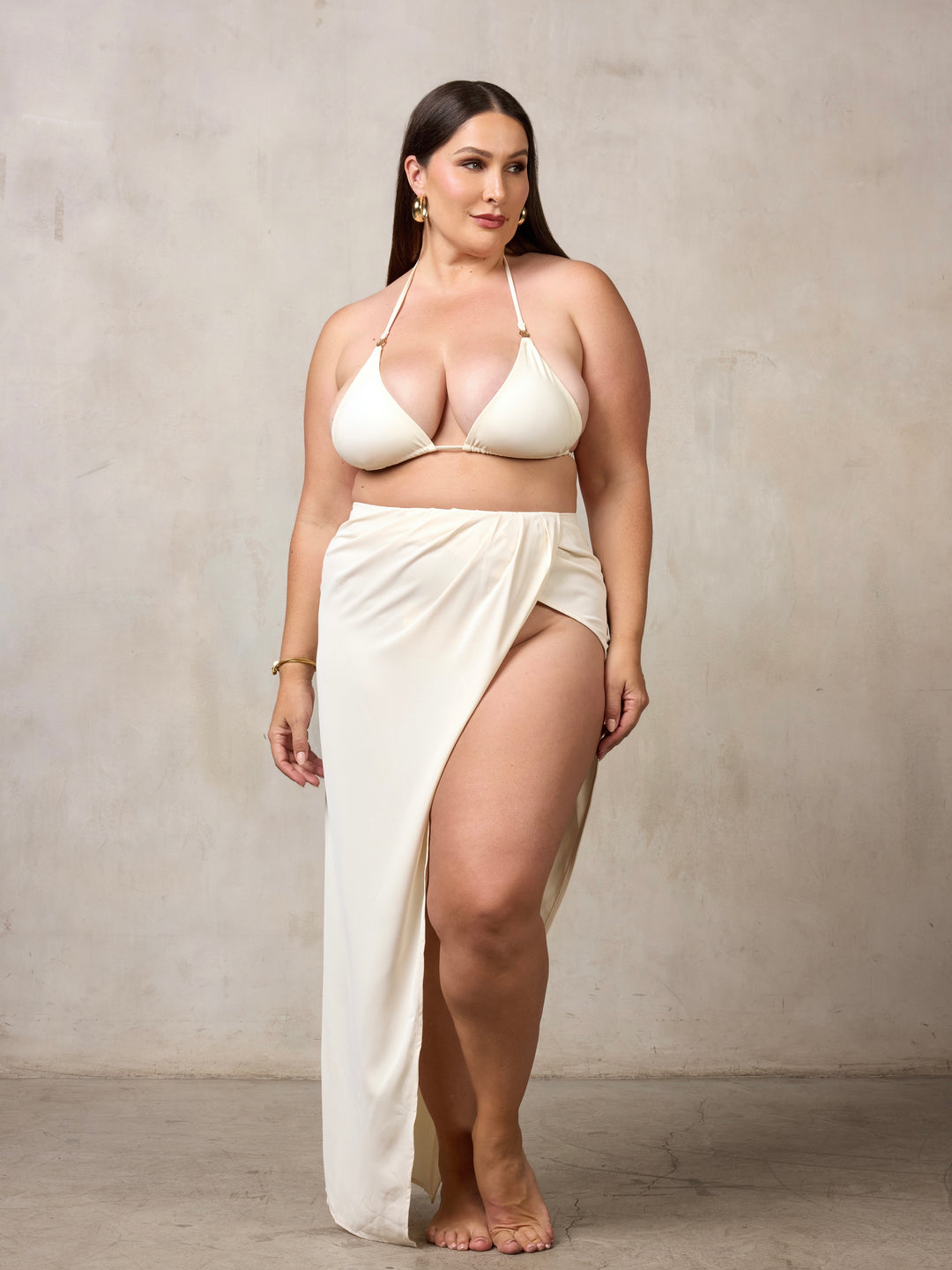 MBM Swim by Marcia B Maxwell model wearing Tease top and Shanti skirt cream ivory white  bikini #color_cream