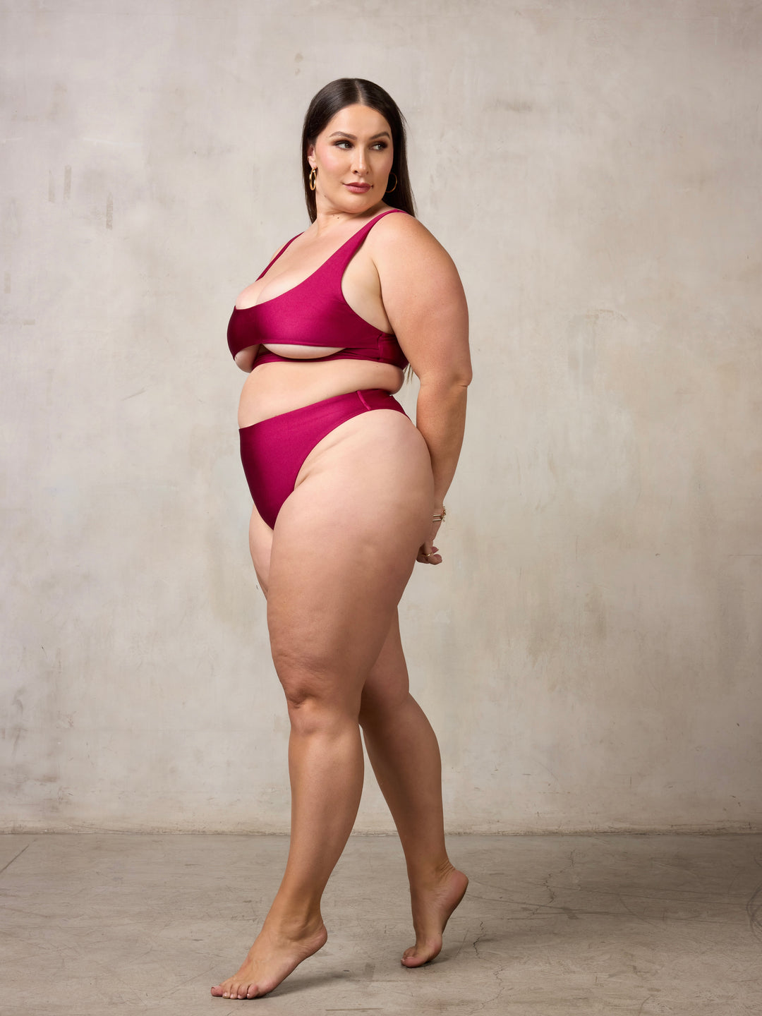 MBM Swim By Marcia B Maxwell model wearing Burgundy  berry bikini Chance top and Wish bottom #color_berry