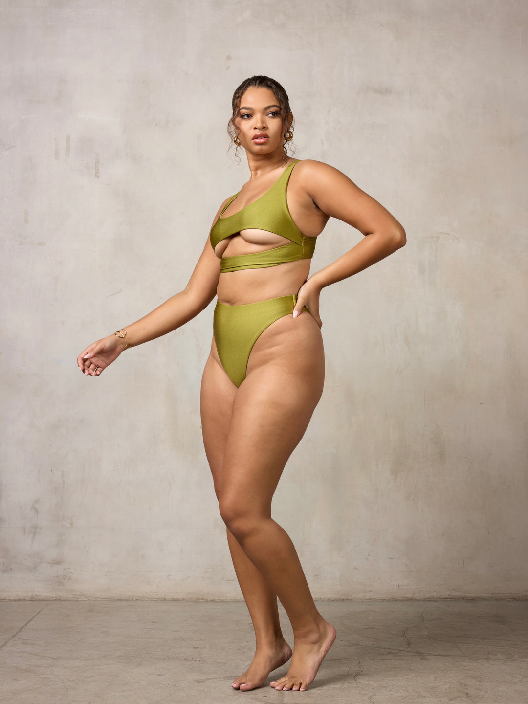 MBM Swim By Marcia B Maxwell model wearing Olive Green bikini Heart top, Wish bottom #color_olive