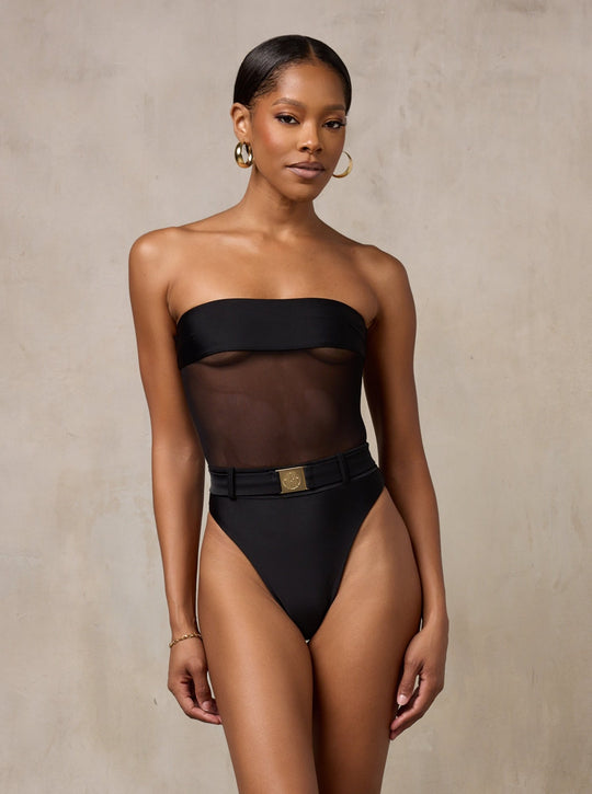 MBM SWIM one-piece belted mesh swimsuit with belt monokini beautiful black dark skin model