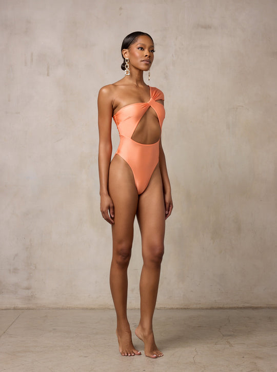 MBM Swim by Marcia B Maxwell coral peach one-piece swimsuit monokini on model #color_coral