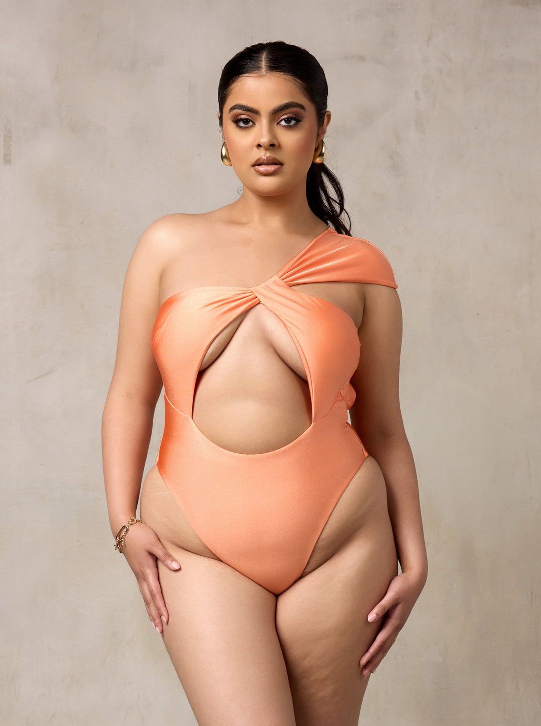 MBM Swim by Marcia B Maxwell coral peach one-piece swimsuit monokini on model #color_coral