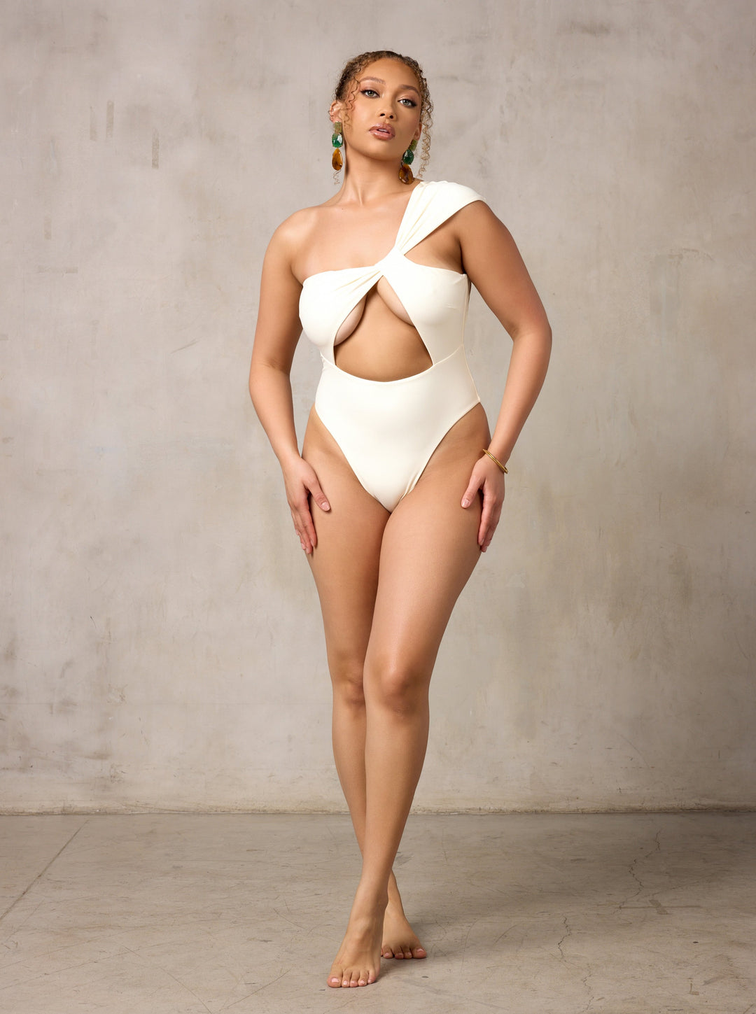 MBM Swim by Marcia B Maxwell ivory cream white one-piece swimsuit monokini on model #color_cream