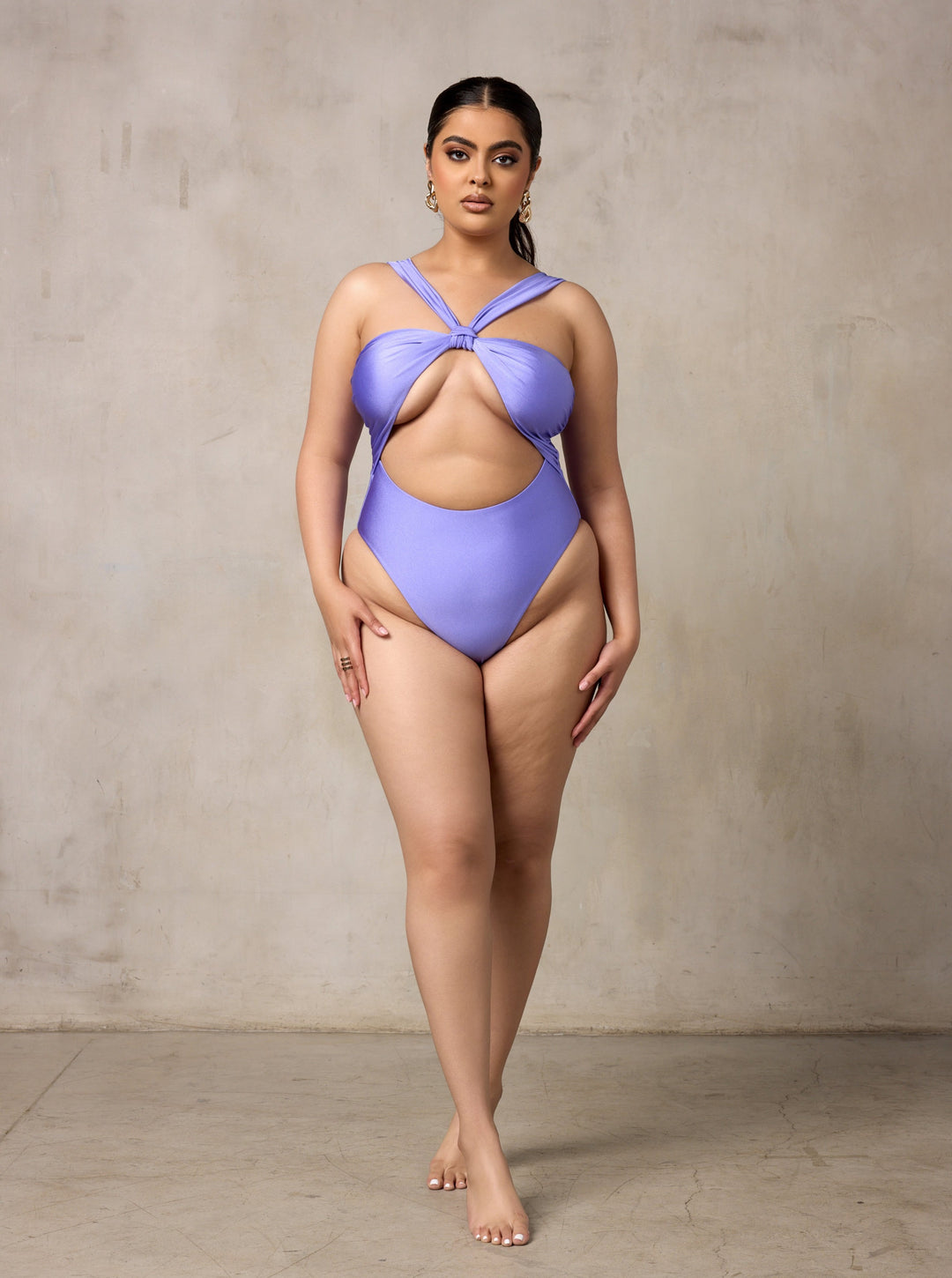 MBM Swim by Marcia B Maxwell purple periwinkle one-piece swimsuit monokini on model #color_periwinkle