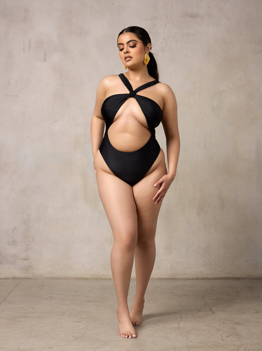 MBM Swim by Marcia B Maxwell black one-piece swimsuit monokini on model #color_black