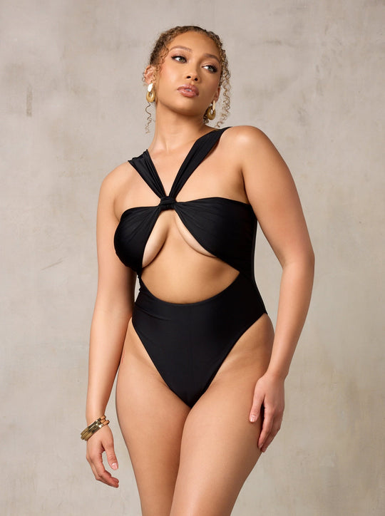 MBM Swim by Marcia B Maxwell black one-piece swimsuit monokini on model #color_black