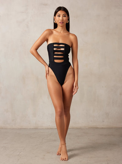 MBM Swim, Marcia B Maxwell high-cut Black cut-out one-piece swimsuit on beautiful asian model, black owned #color_black