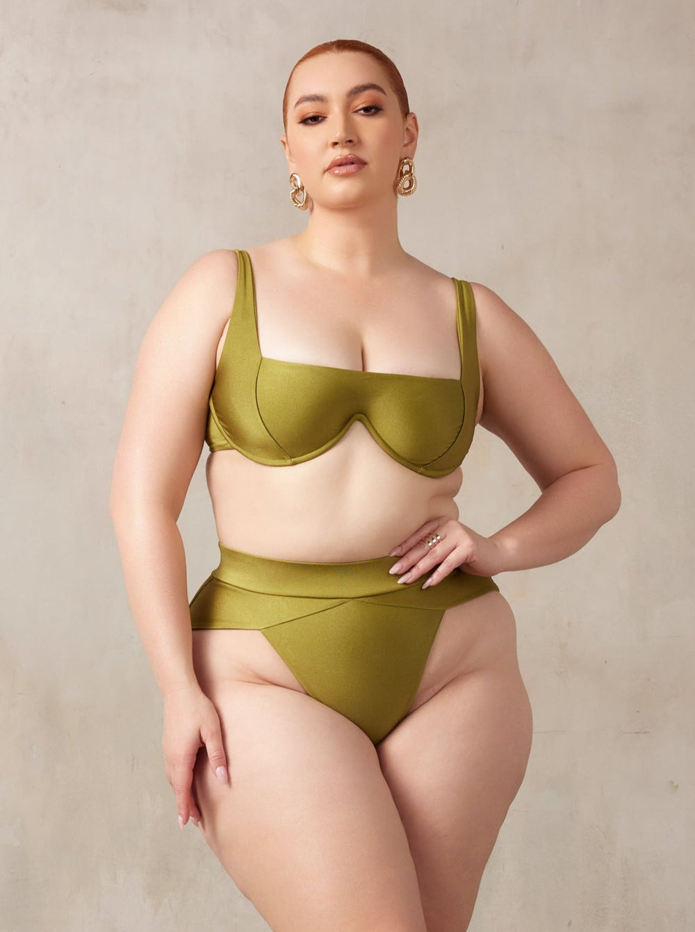 MBM swim by Marcia B Maxwell olive green Aspire bottom Chance top bikini swimsuit on midsize curve model #color_olive