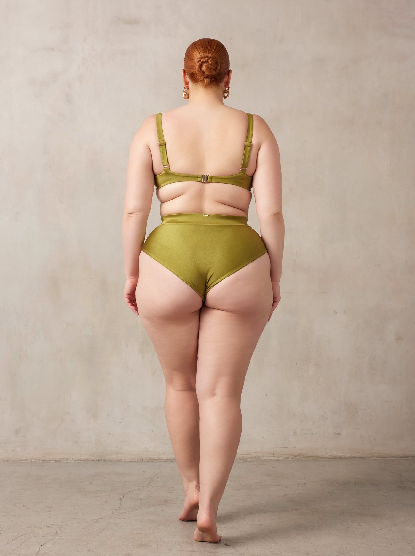 MBM swim by Marcia B Maxwell olive green Aspire bottom Chance top bikini swimsuit on midsize curve model #color_olive