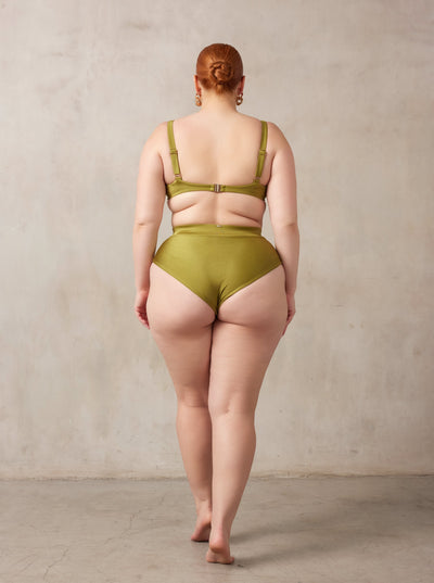 MBM swim by Marcia B Maxwell olive green Aspire bottom Chance top bikini swimsuit on midsize curve model #color_olive