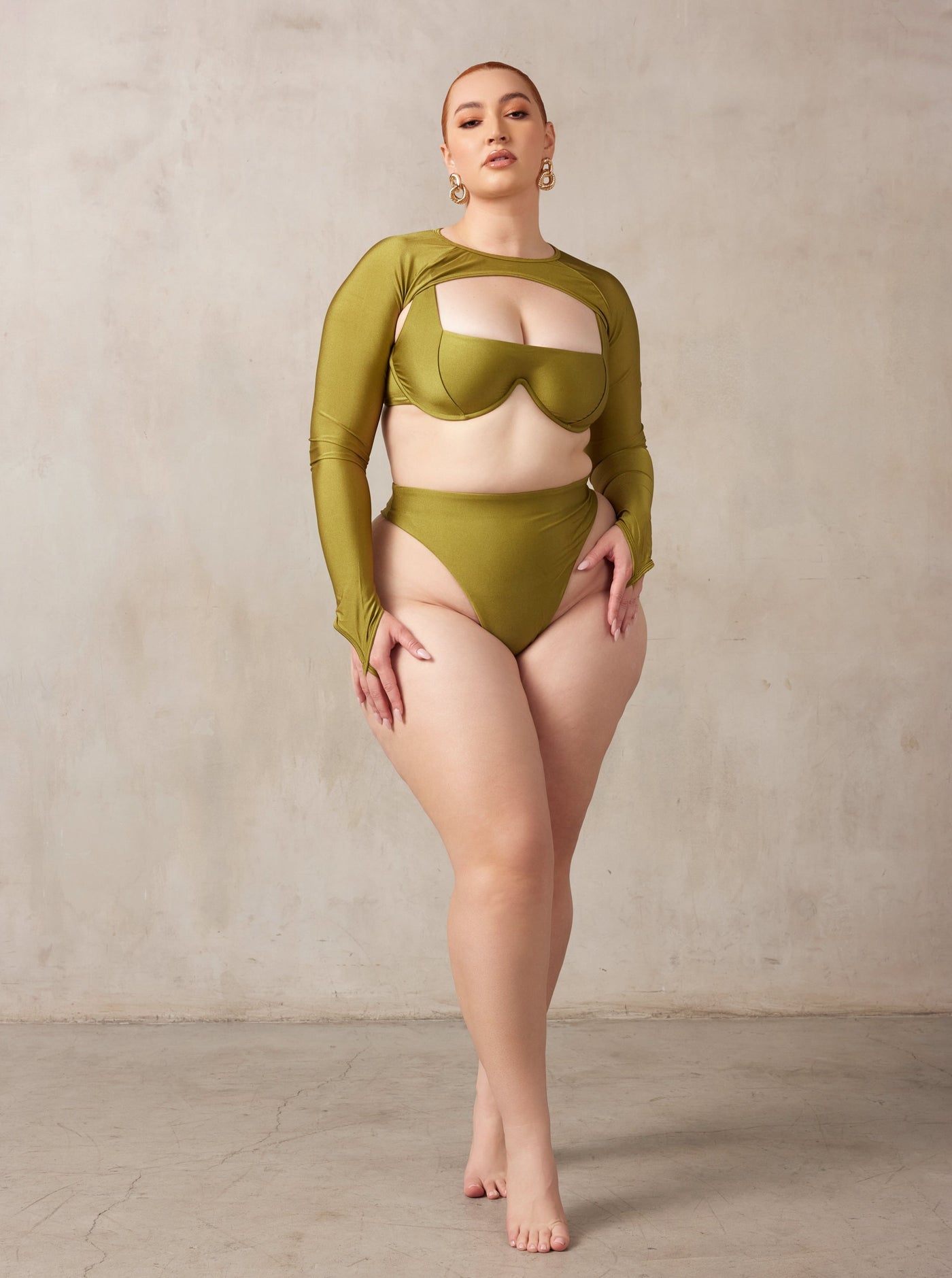 MBM swim by Marcia B Maxwell olive green Wish bottom Chance top trigger shrug bikini swimsuit on curve midsize model #color_olive
