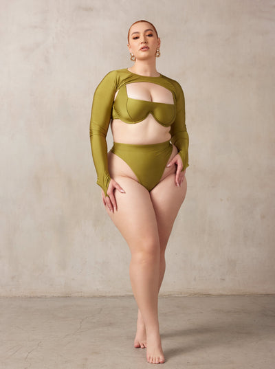 MBM Swim by Marcia B Maxwell curve midsize model wearing Olive Green Bikini Chance top, Wish bottoms & Trigger Shrug #color_olive