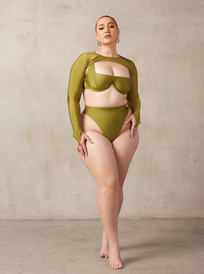 MBM Swim by Marcia B Maxwell curve midsize model wearing Olive green Bikini Chance top, Wish bottoms, trigger shrug #color_olive