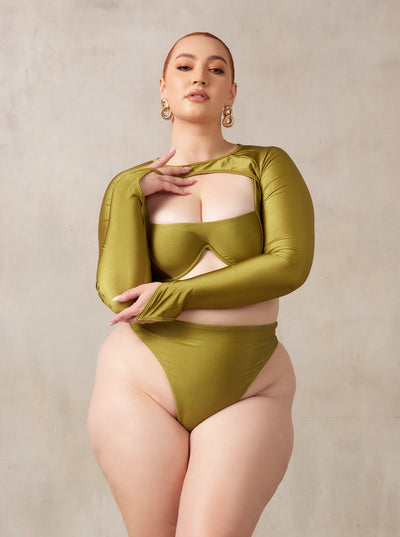 MBM Swim by Marcia B Maxwell curve midsize model wearing Olive Green Bikini Chance top, Wish bottoms & Trigger Shrug #color_olive