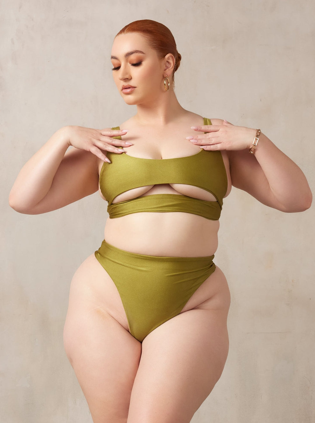 MBM Swim By Marcia B Maxwell Curve model wearing Olive Green bikini Lucky top and Wish bottom #color_olive