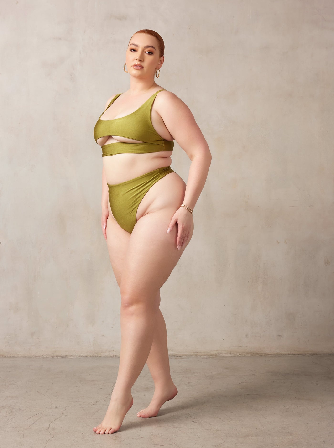 MBM Swim By Marcia B Maxwell Curve model wearing Olive Green bikini Lucky top and Wish bottom #color_olive