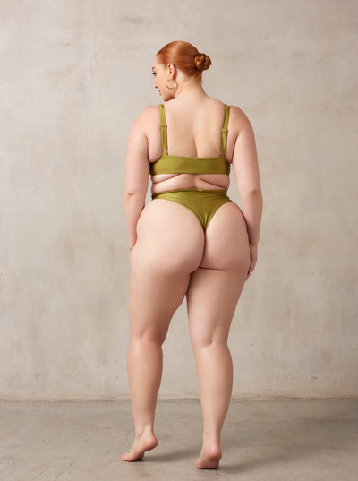 MBM Swim By Marcia B Maxwell Curve model wearing Olive Green bikini Lucky top and Wish bottom #color_olive