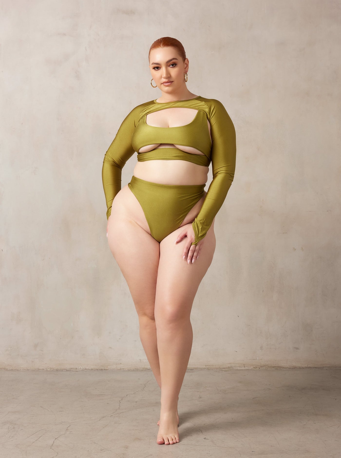 MBM Swim by Marcia B Maxwell curve midsize model wearing Olive Green Bikini Lucky top, Wish bottoms & Trigger Shrug #color_olive