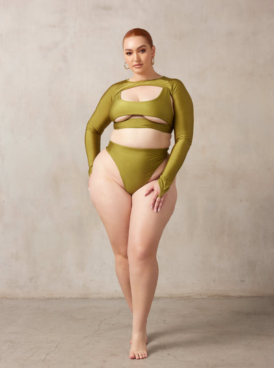 MBM Swim by Marcia B Maxwell curve midsize model wearing Olive green Bikini Lucky top, Wish bottoms & Trigger Shrug #color_olive