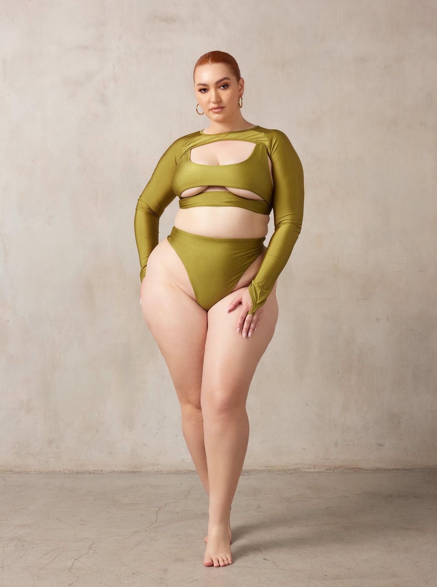 MBM Swim By Marcia B Maxwell Curve model wearing Olive Green bikini Lucky top Wish bottom and trigger shrug #color_olive