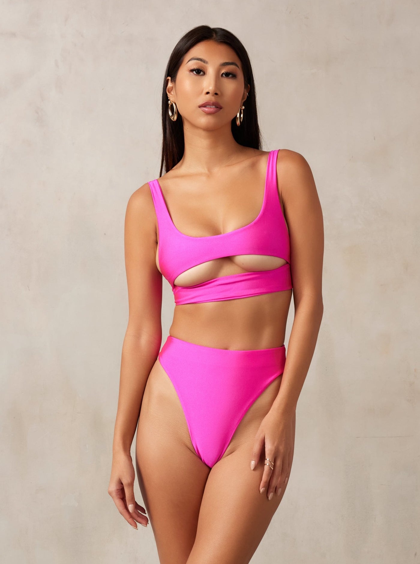 MBM Swim By Marcia B Maxwell model wearing Magenta Pink bikini Lucky top & Wish bottom #color_magenta