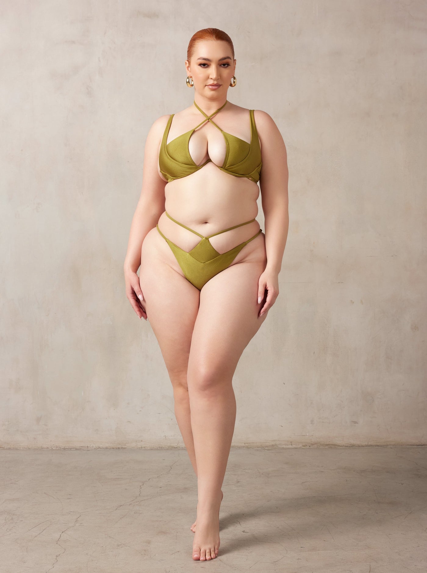 MBM Swim by Marcia B Maxwell midsize curve model wearing Olive green bikini Heart top and Desire bottoms #color_olive